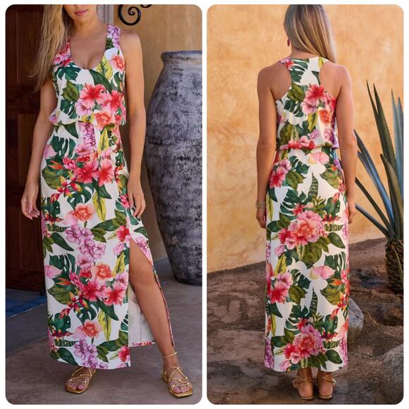 Boston Proper Tropical Oasis Print Racerback Maxi Dress Women's Size Medium - Picture 1 of 11